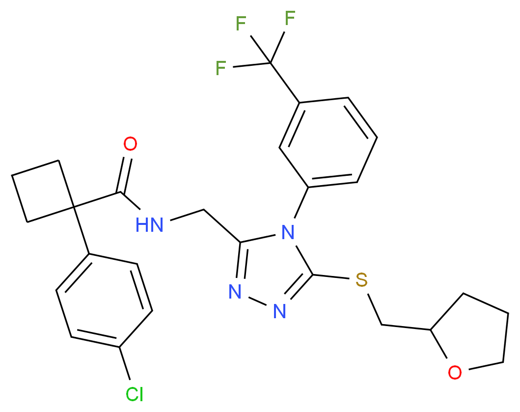 1-(4-chlorophenyl)-N-({5-[(tetrahydro-2-furanylmethyl)thio]-4-[3-(trifluoromethyl)phenyl]-4H-1,2,4-triazol-3-yl}methyl)cyclobutanecarboxamide_分子结构_CAS_)