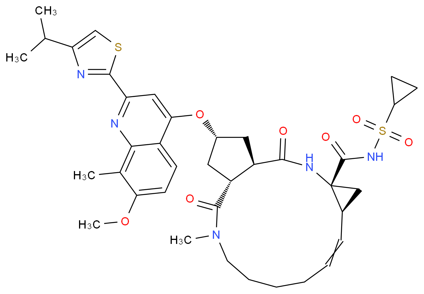 (1R,4R,6S,15R,17R)-N-(cyclopropanesulfonyl)-17-({7-methoxy-8-methyl-2-[4-(propan-2-yl)-1,3-thiazol-2-yl]quinolin-4-yl}oxy)-13-methyl-2,14-dioxo-3,13-diazatricyclo[13.3.0.0<sup>4</sup>,<sup>6</sup>]octadec-7-ene-4-carboxamide_分子结构_CAS_923604-59-5