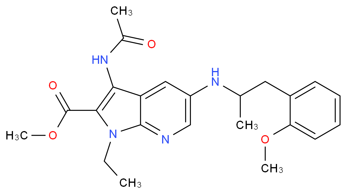 methyl 3-(acetylamino)-1-ethyl-5-{[2-(2-methoxyphenyl)-1-methylethyl]amino}-1H-pyrrolo[2,3-b]pyridine-2-carboxylate_分子结构_CAS_)