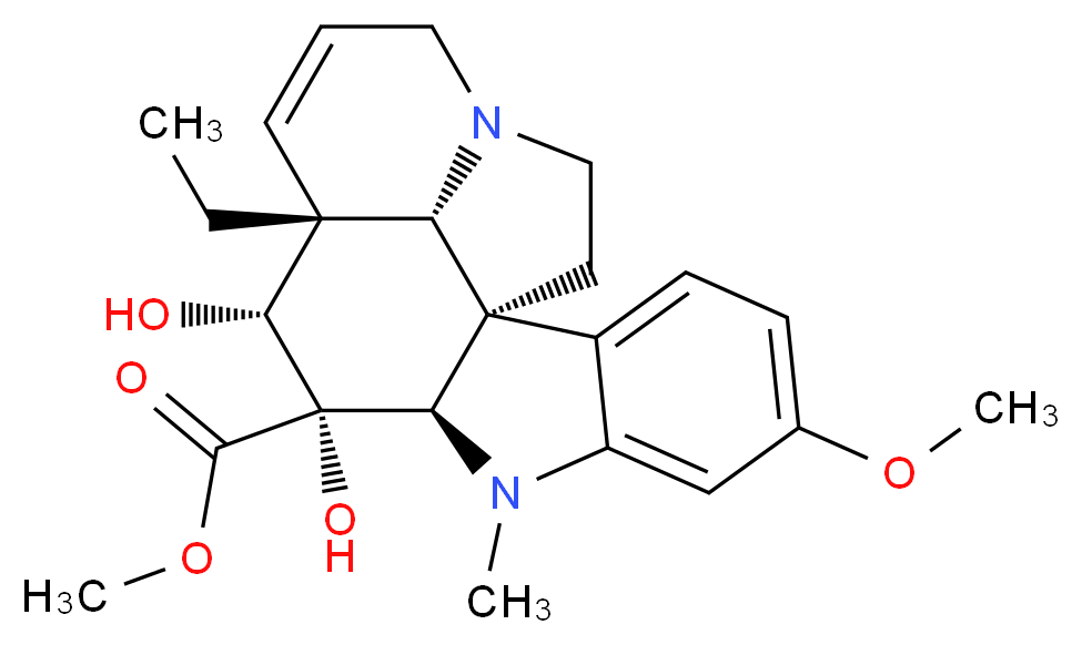 methyl (1R,9R,10S,11R,12R,19R)-12-ethyl-10,11-dihydroxy-5-methoxy-8-methyl-8,16-diazapentacyclo[10.6.1.0<sup>1</sup>,<sup>9</sup>.0<sup>2</sup>,<sup>7</sup>.0<sup>1</sup><sup>6</sup>,<sup>1</sup><sup>9</sup>]nonadeca-2(7),3,5,13-tetraene-10-carboxylate_分子结构_CAS_3633-92-9