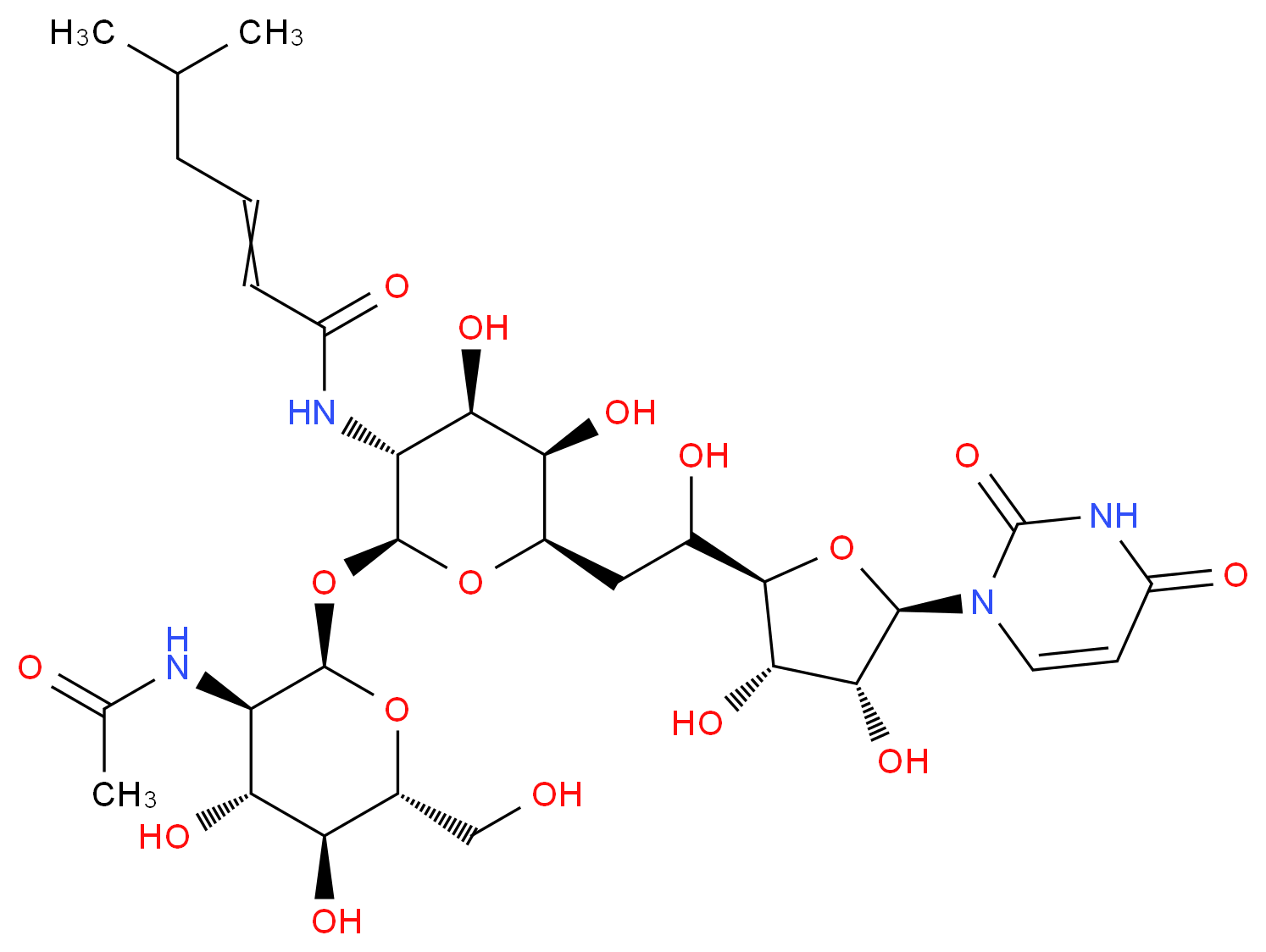 N-[(2S,3R,4R,5R,6R)-6-{2-[(2R,3S,4R,5R)-5-(2,4-dioxo-1,2,3,4-tetrahydropyrimidin-1-yl)-3,4-dihydroxyoxolan-2-yl]-2-hydroxyethyl}-2-{[(2R,3R,4R,5S,6R)-3-acetamido-4,5-dihydroxy-6-(hydroxymethyl)oxan-2-yl]oxy}-4,5-dihydroxyoxan-3-yl]-5-methylhex-2-enamide_分子结构_CAS_11089-65-9