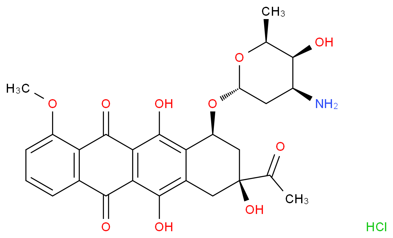 (8S,10S)-8-acetyl-10-{[(2R,4S,5S,6S)-4-amino-5-hydroxy-6-methyloxan-2-yl]oxy}-6,8,11-trihydroxy-1-methoxy-5,7,8,9,10,12-hexahydrotetracene-5,12-dione hydrochloride_分子结构_CAS_23541-50-6