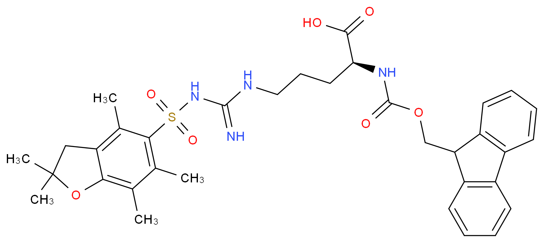 (2S)-2-{[(9H-fluoren-9-ylmethoxy)carbonyl]amino}-5-{1-[(2,2,4,6,7-pentamethyl-2,3-dihydro-1-benzofuran-5-yl)sulfonyl]carbamimidamido}pentanoic acid_分子结构_CAS_154445-77-9