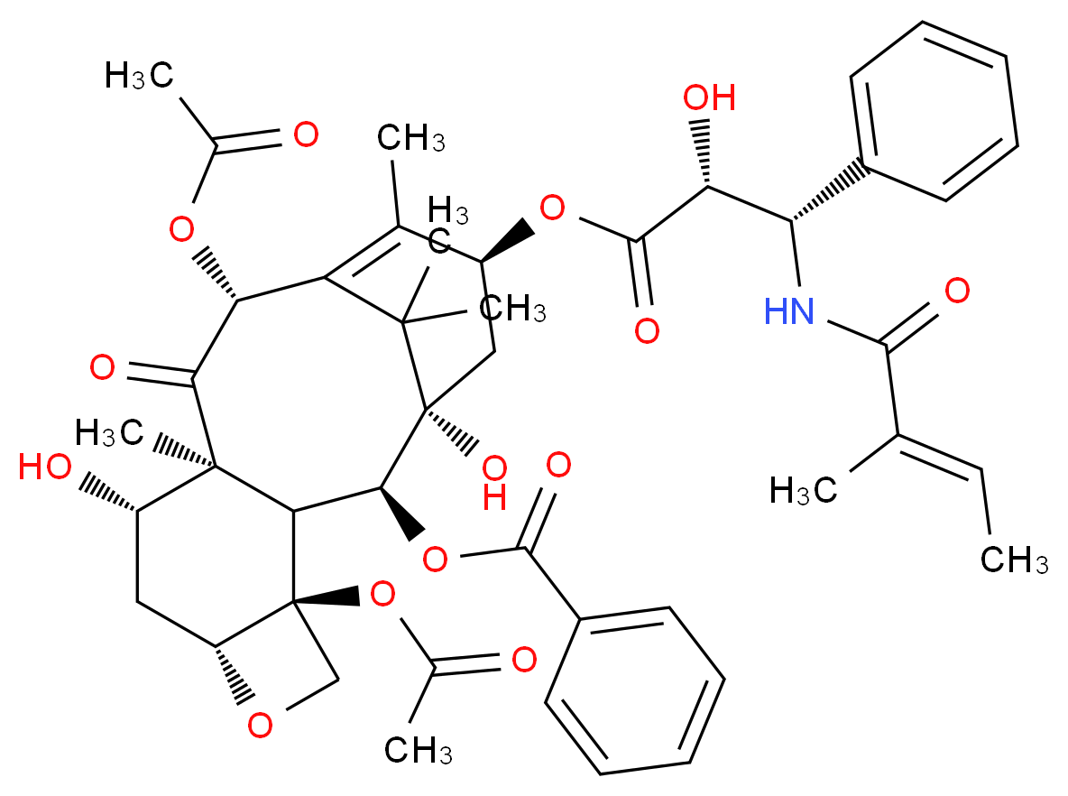 (1S,2S,3R,4S,7R,9S,10S,12R,15S)-4,12-bis(acetyloxy)-1,9-dihydroxy-15-{[(2R,3S)-2-hydroxy-3-[(2E)-2-methylbut-2-enamido]-3-phenylpropanoyl]oxy}-10,14,17,17-tetramethyl-11-oxo-6-oxatetracyclo[11.3.1.0<sup>3</sup>,<sup>1</sup><sup>0</sup>.0<sup>4</sup>,<sup>7</sup>]heptadec-13-en-2-yl benzoate_分子结构_CAS_71610-00-9