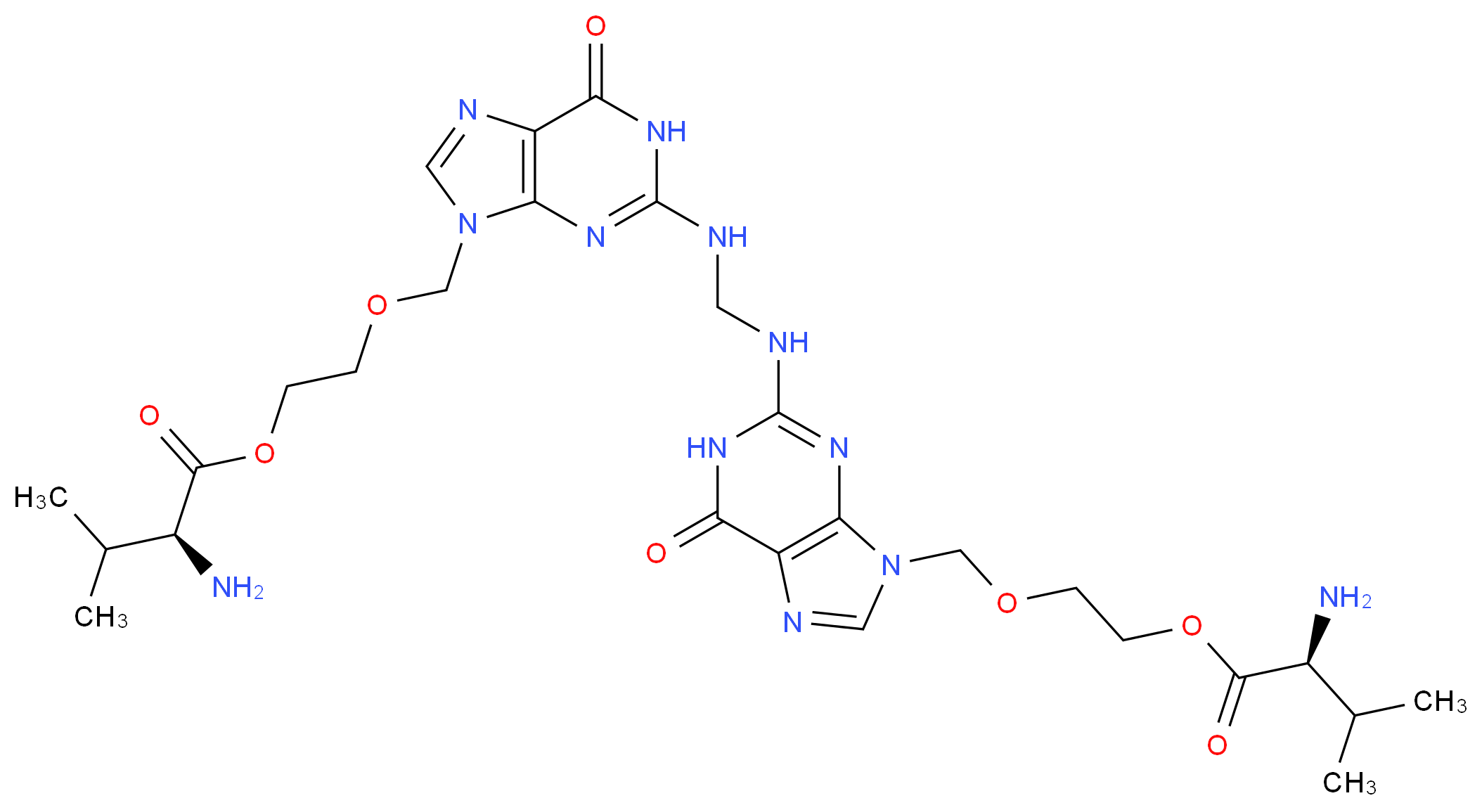 2-[(2-{[({9-[(2-{[(2S)-2-amino-3-methylbutanoyl]oxy}ethoxy)methyl]-6-oxo-6,9-dihydro-1H-purin-2-yl}amino)methyl]amino}-6-oxo-6,9-dihydro-1H-purin-9-yl)methoxy]ethyl (2S)-2-amino-3-methylbutanoate_分子结构_CAS_1356019-51-6