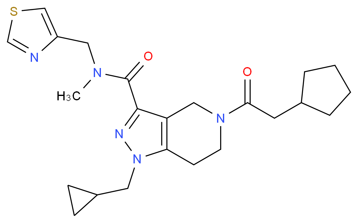 5-(cyclopentylacetyl)-1-(cyclopropylmethyl)-N-methyl-N-(1,3-thiazol-4-ylmethyl)-4,5,6,7-tetrahydro-1H-pyrazolo[4,3-c]pyridine-3-carboxamide_分子结构_CAS_)