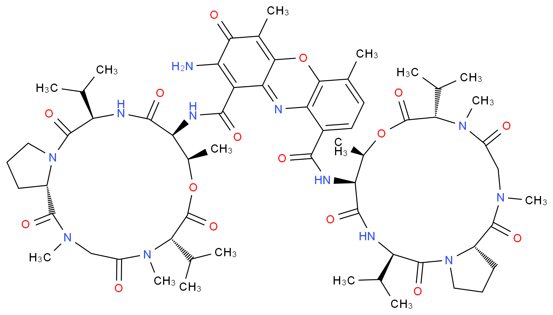 1-N,9-N-bis[(6S,9R,10S,13R,18aS)-2,5,9-trimethyl-1,4,7,11,14-pentaoxo-6,13-bis(propan-2-yl)-hexadecahydro-1H-pyrrolo[2,1-i]1-oxa-4,7,10,13-tetraazacyclohexadecan-10-yl]-2-amino-4,6-dimethyl-3-oxo-3H-phenoxazine-1,9-dicarboxamide_分子结构_CAS_50-76-0