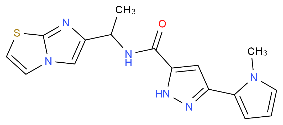 N-(1-imidazo[2,1-b][1,3]thiazol-6-ylethyl)-3-(1-methyl-1H-pyrrol-2-yl)-1H-pyrazole-5-carboxamide_分子结构_CAS_)