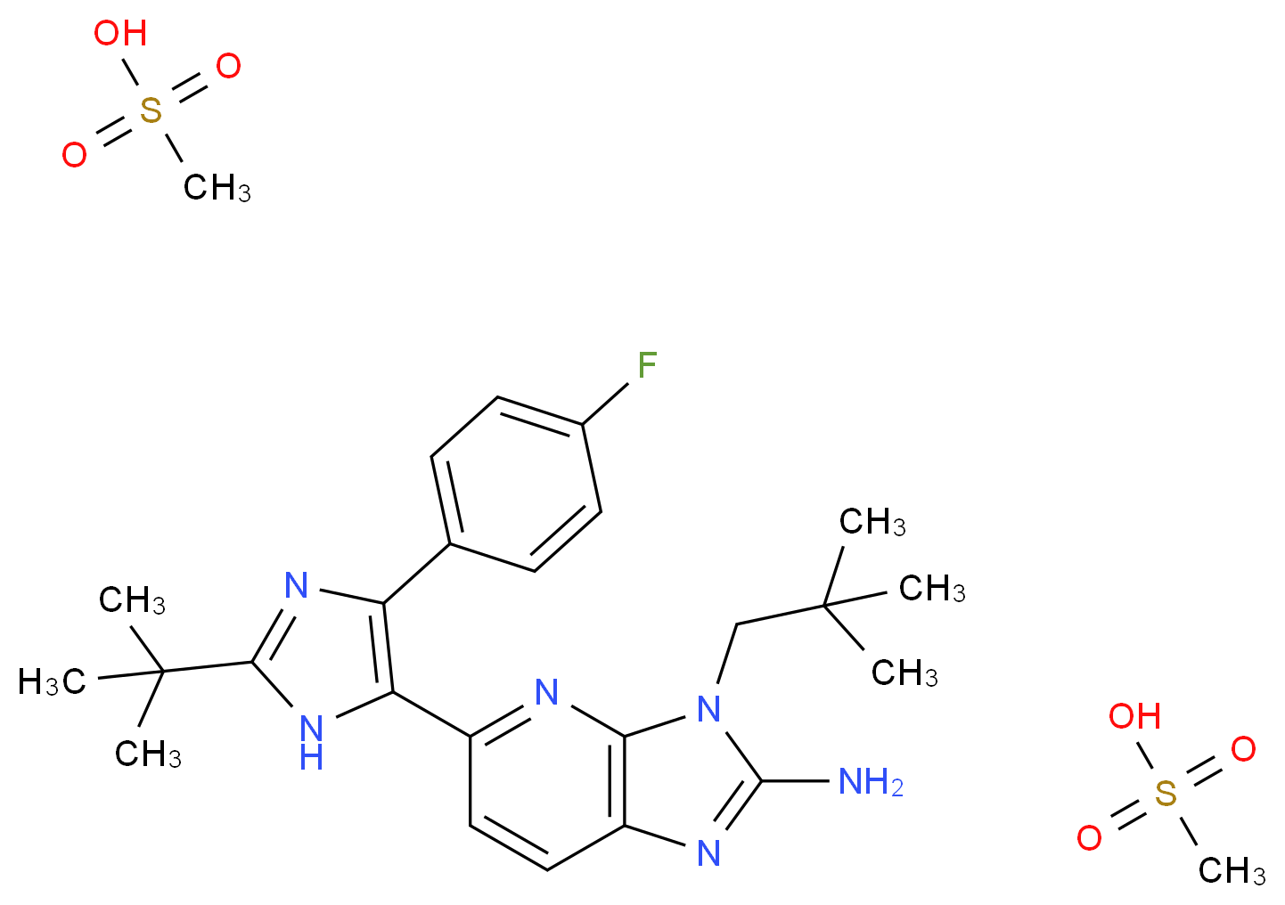 5-[2-tert-butyl-4-(4-fluorophenyl)-1H-imidazol-5-yl]-3-(2,2-dimethylpropyl)-3H-imidazo[4,5-b]pyridin-2-amine; bis(methanesulfonic acid)_分子结构_CAS_862507-23-1