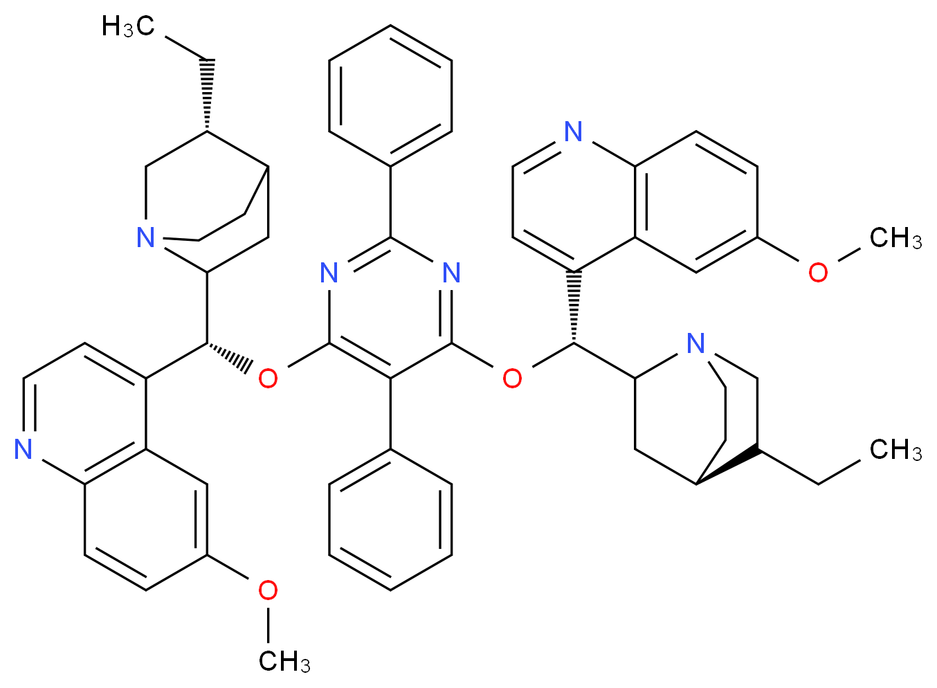 4-[(R)-[(5R)-5-ethyl-1-azabicyclo[2.2.2]octan-2-yl]({6-[(R)-[(4R)-5-ethyl-1-azabicyclo[2.2.2]octan-2-yl](6-methoxyquinolin-4-yl)methoxy]-2,5-diphenylpyrimidin-4-yl}oxy)methyl]-6-methoxyquinoline_分子结构_CAS_149820-65-5