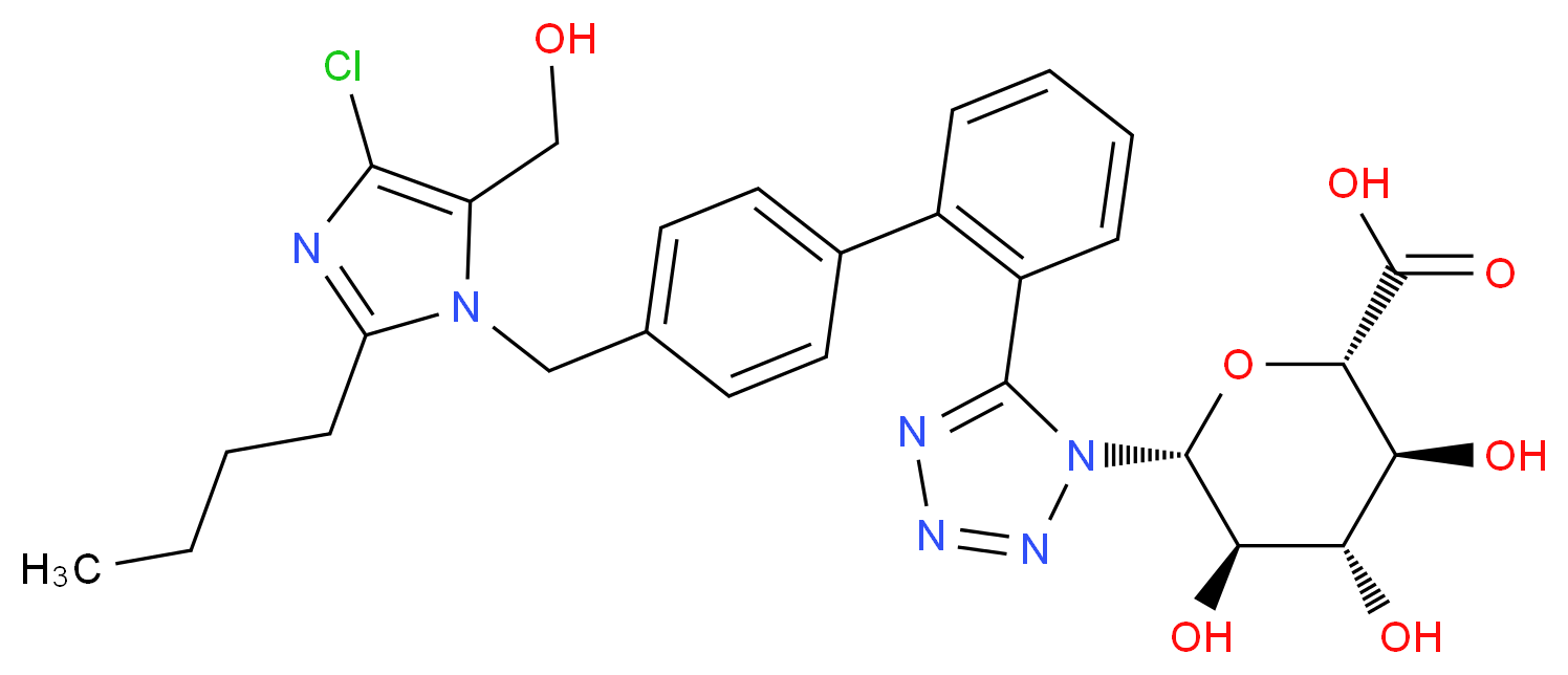 (2S,3S,4S,5R,6R)-6-{5-[2-(4-{[2-butyl-4-chloro-5-(hydroxymethyl)-1H-imidazol-1-yl]methyl}phenyl)phenyl]-1H-1,2,3,4-tetrazol-1-yl}-3,4,5-trihydroxyoxane-2-carboxylic acid_分子结构_CAS_138584-34-6