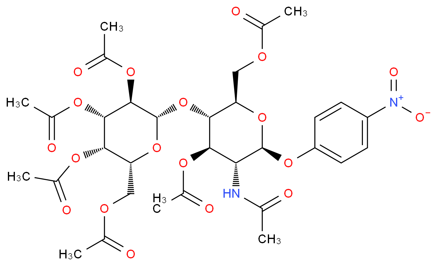p-Nitrophenyl 2-Acetamido-2-deoxy-4-O-(2',3',4',6'-tetra-O-acetyl-β-D-galactopyranosyl)-3,6-di-O-acetyl-β-D-glucopyranoside_分子结构_CAS_85193-88-0)