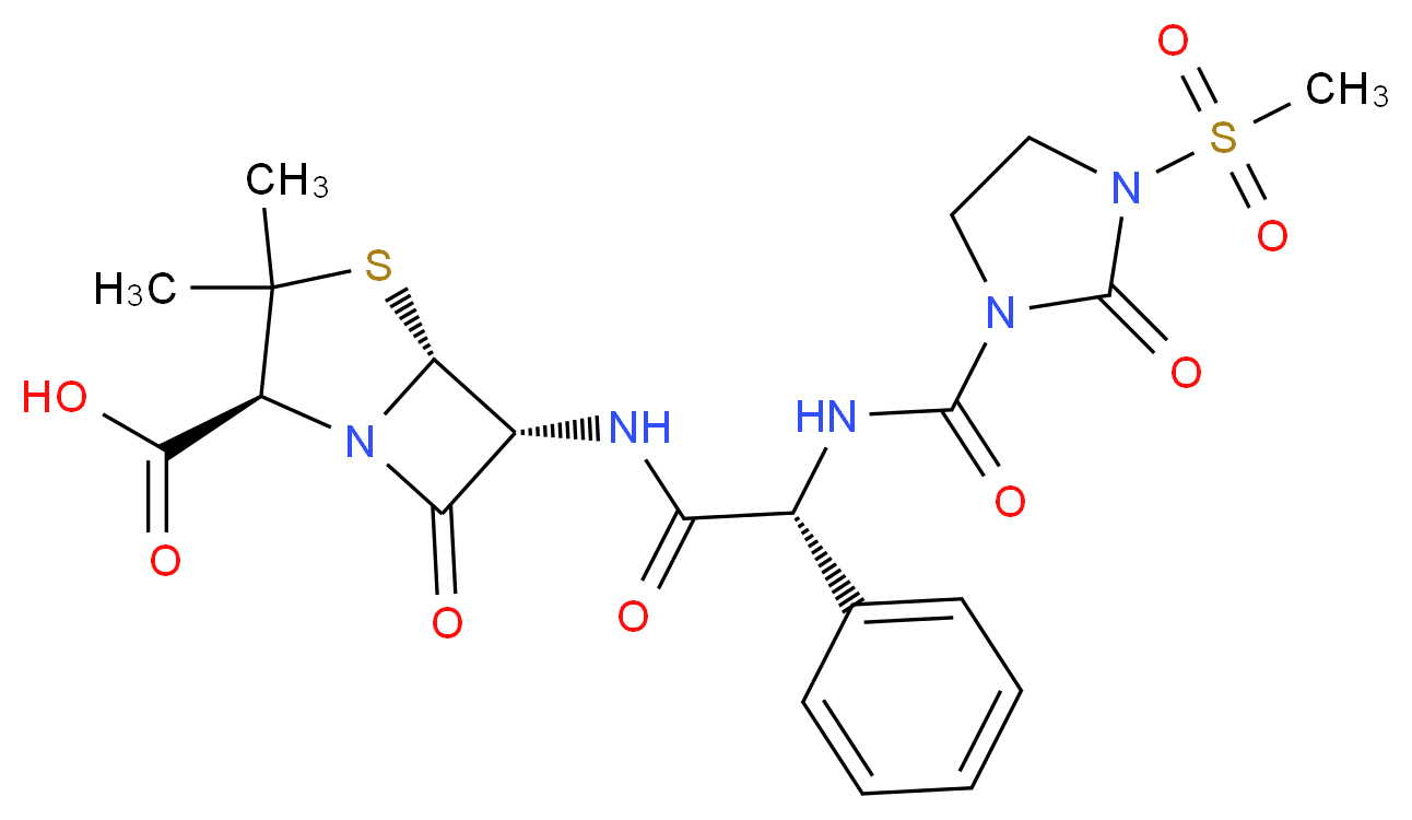 (2S,5R,6R)-6-[(2R)-2-[(3-methanesulfonyl-2-oxoimidazolidine-1-carbonyl)amino]-2-phenylacetamido]-3,3-dimethyl-7-oxo-4-thia-1-azabicyclo[3.2.0]heptane-2-carboxylic acid_分子结构_CAS_51481-65-3