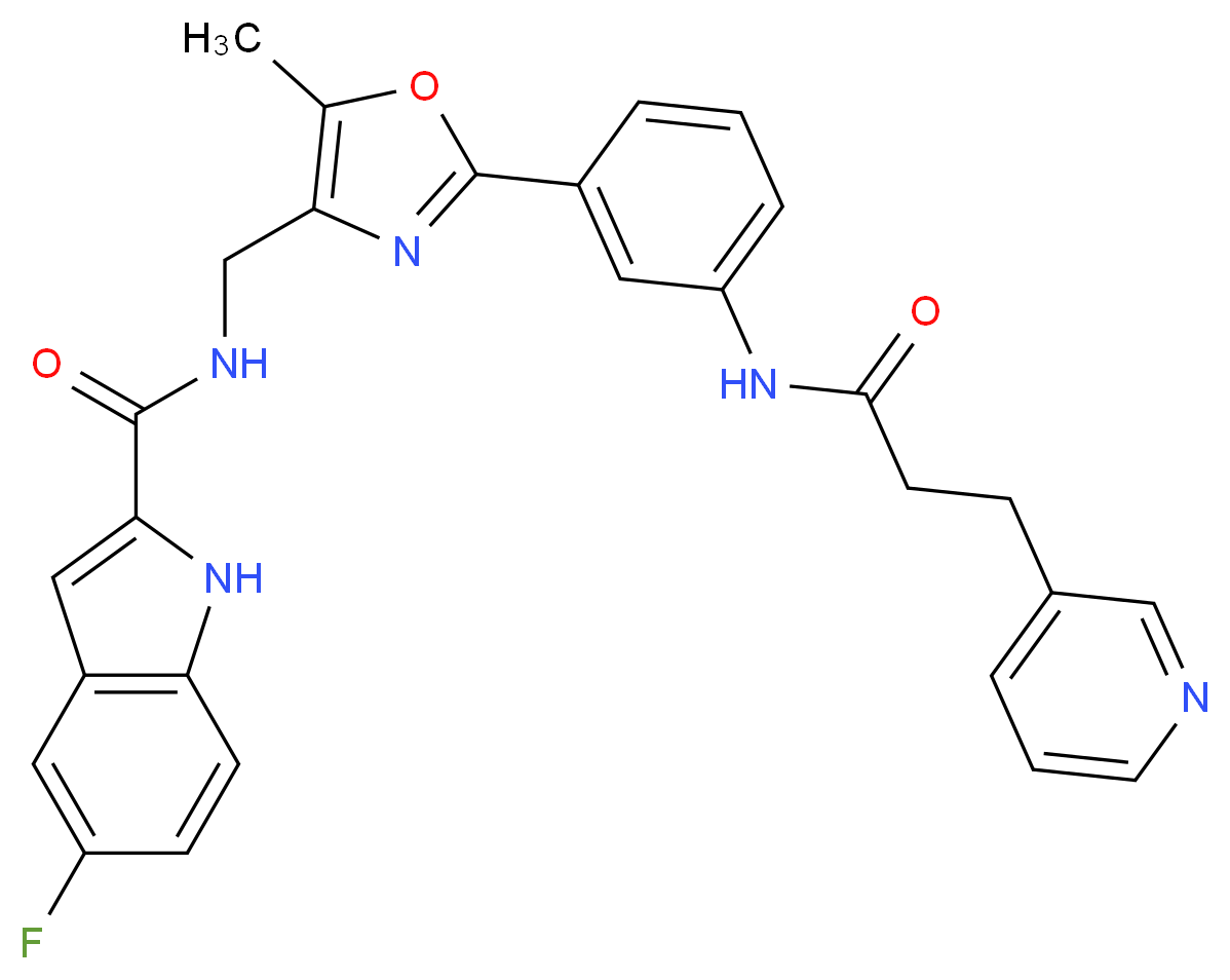 5-fluoro-N-{[5-methyl-2-(3-{[3-(3-pyridinyl)propanoyl]amino}phenyl)-1,3-oxazol-4-yl]methyl}-1H-indole-2-carboxamide_分子结构_CAS_)