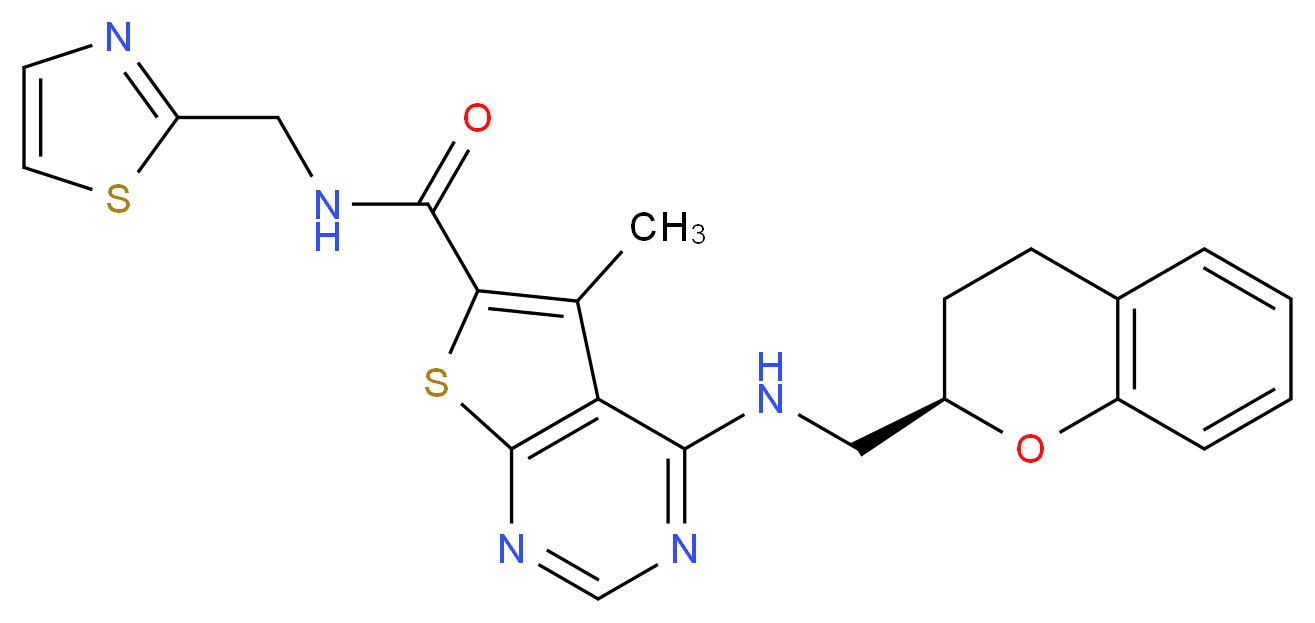4-{[(2R)-3,4-dihydro-2H-chromen-2-ylmethyl]amino}-5-methyl-N-(1,3-thiazol-2-ylmethyl)thieno[2,3-d]pyrimidine-6-carboxamide_分子结构_CAS_)