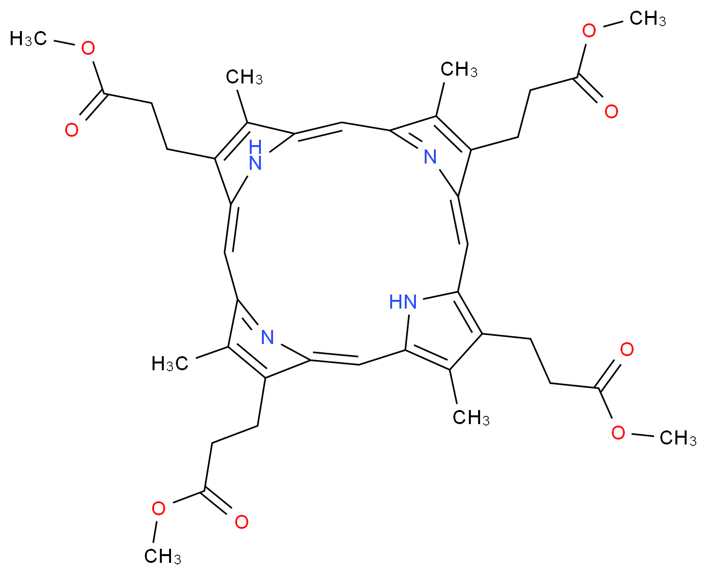 methyl 3-[10,14,19-tris(3-methoxy-3-oxopropyl)-5,9,15,20-tetramethyl-21,22,23,24-tetraazapentacyclo[16.2.1.1<sup>3</sup>,<sup>6</sup>.1<sup>8</sup>,<sup>1</sup><sup>1</sup>.1<sup>1</sup><sup>3</sup>,<sup>1</sup><sup>6</sup>]tetracosa-1(21),2,4,6,8(23),9,11,13,15,17,19-undecaen-4-yl]propanoate_分子结构_CAS_5522-63-4