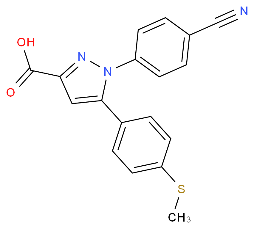 1-(4-CYANO-PHENYL)-5-(4-METHYLSULFANYL-PHENYL)-1H-PYRAZOLE-3-CARBOXYLIC ACID_分子结构_CAS_151507-00-5)