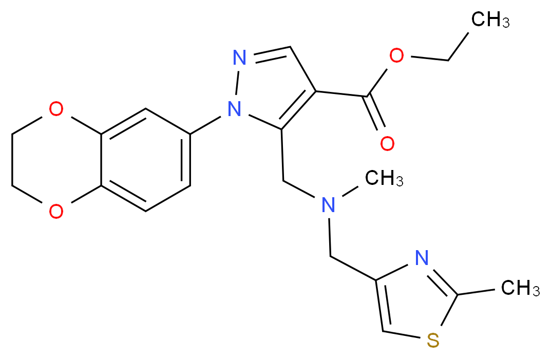 ethyl 1-(2,3-dihydro-1,4-benzodioxin-6-yl)-5-({methyl[(2-methyl-1,3-thiazol-4-yl)methyl]amino}methyl)-1H-pyrazole-4-carboxylate_分子结构_CAS_)