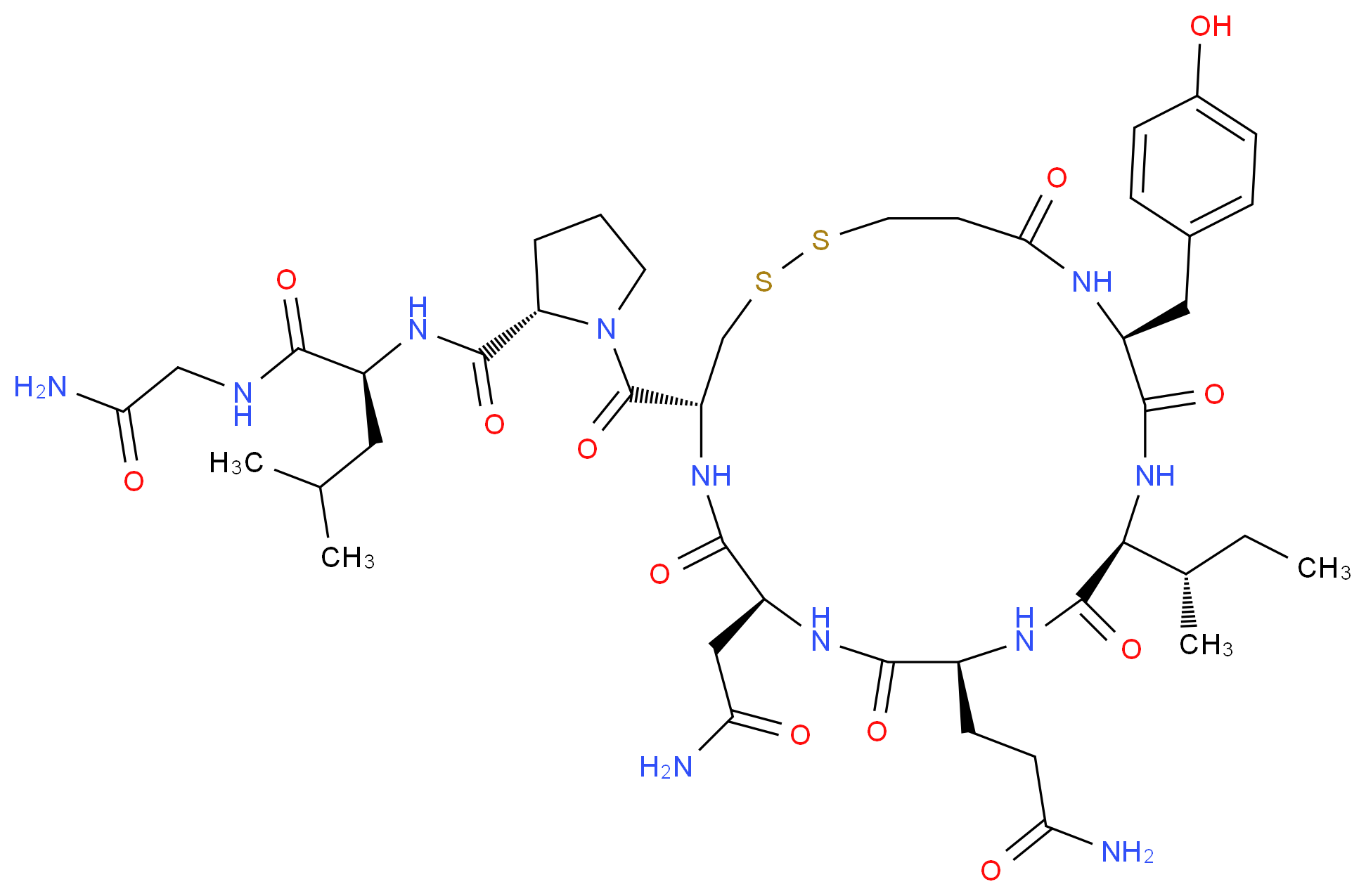 (2S)-2-{[(2S)-1-[(4R,7S,10S,13S,16S)-13-[(2S)-butan-2-yl]-10-(2-carbamoylethyl)-7-(carbamoylmethyl)-16-[(4-hydroxyphenyl)methyl]-6,9,12,15,18-pentaoxo-1,2-dithia-5,8,11,14,17-pentaazacycloicosane-4-carbonyl]pyrrolidin-2-yl]formamido}-N-(carbamoylmethyl)-4-methylpentanamide_分子结构_CAS_113-78-0