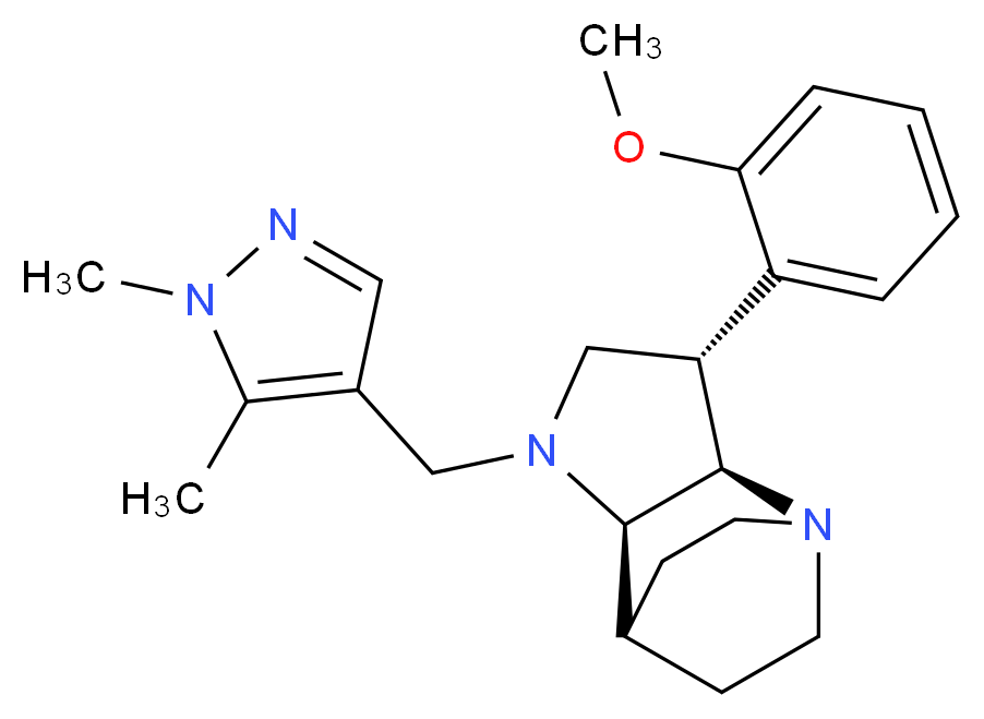 (2R*,3S*,6R*)-5-[(1,5-dimethyl-1H-pyrazol-4-yl)methyl]-3-(2-methoxyphenyl)-1,5-diazatricyclo[5.2.2.0~2,6~]undecane_分子结构_CAS_)