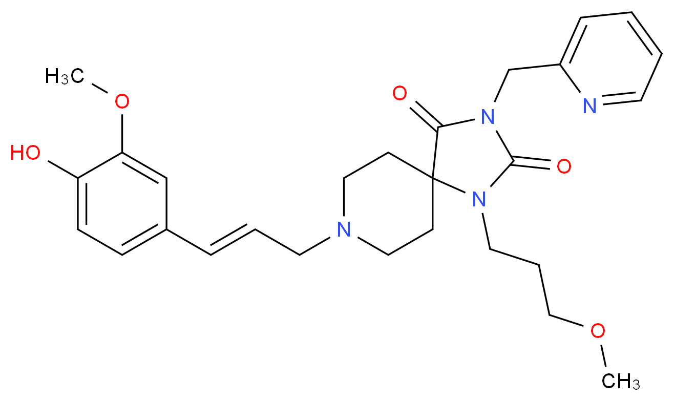 8-[(2E)-3-(4-hydroxy-3-methoxyphenyl)-2-propen-1-yl]-1-(3-methoxypropyl)-3-(2-pyridinylmethyl)-1,3,8-triazaspiro[4.5]decane-2,4-dione_分子结构_CAS_)