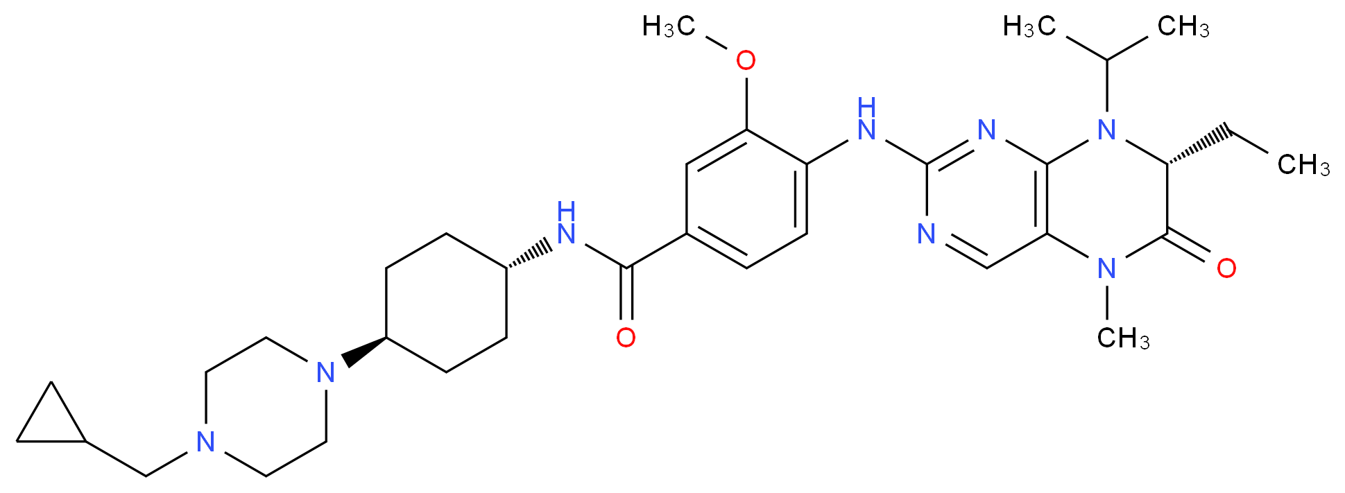 4-{[(7R)-7-ethyl-5-methyl-6-oxo-8-(propan-2-yl)-5,6,7,8-tetrahydropteridin-2-yl]amino}-3-methoxy-N-[(1r,4r)-4-[4-(cyclopropylmethyl)piperazin-1-yl]cyclohexyl]benzamide_分子结构_CAS_755038-65-4