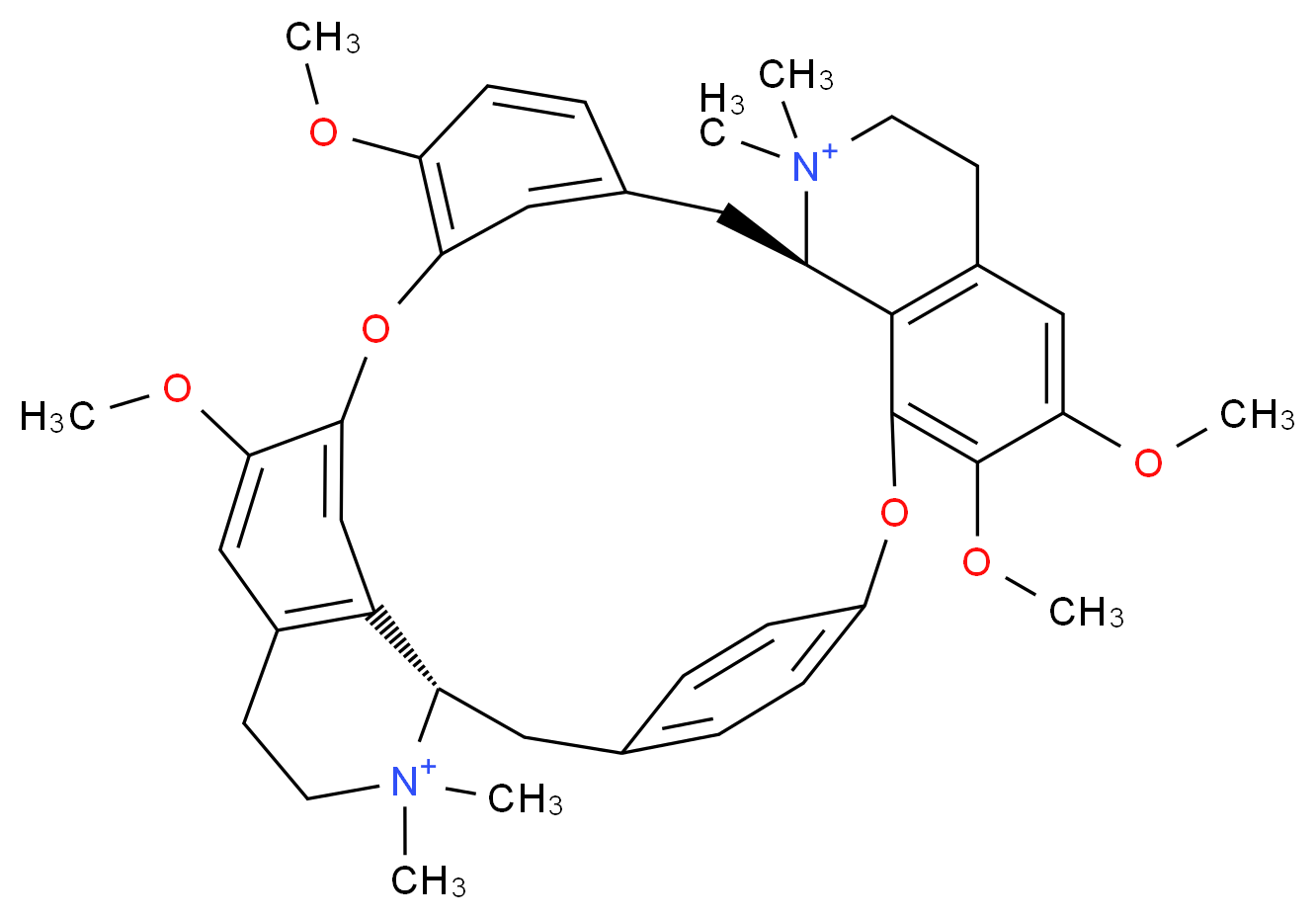 (1S,16R)-9,10,21,25-tetramethoxy-15,15,30,30-tetramethyl-7,23-dioxa-15,30-diazaheptacyclo[22.6.2.2^{3,6}.1^{8,12}.1^{18,22}.0^{27,31}.0^{16,34}]hexatriaconta-3,5,8,10,12(34),18(33),19,21,24(32),25,27(31),35-dodecaene-15,30-diium_分子结构_CAS_5152-30-7