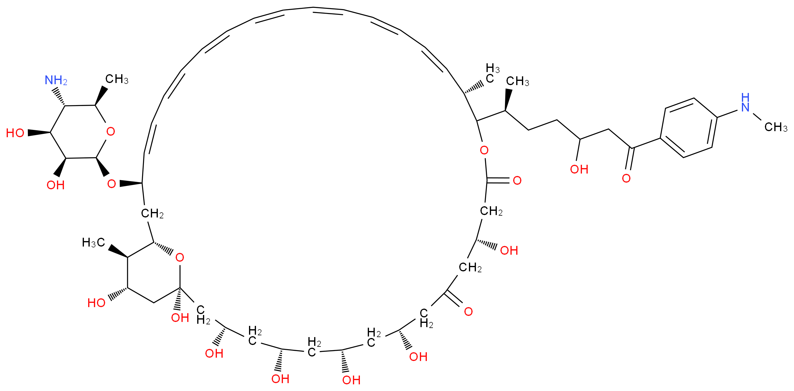 (1S,3S,5S,7R,9R,13R,18S,19E,21E,23E,25E,27E,29E,31E,33R,35S,36R,37S)-33-{[(2R,3S,4S,5S,6R)-5-amino-3,4-dihydroxy-6-methyloxan-2-yl]oxy}-1,3,5,7,9,13,37-heptahydroxy-17-[(2S)-5-hydroxy-7-[4-(methylamino)phenyl]-7-oxoheptan-2-yl]-18,36-dimethyl-16,39-dioxabicyclo[33.3.1]nonatriaconta-19,21,23,25,27,29,31-heptaene-11,15-dione_分子结构_CAS_62327-61-1
