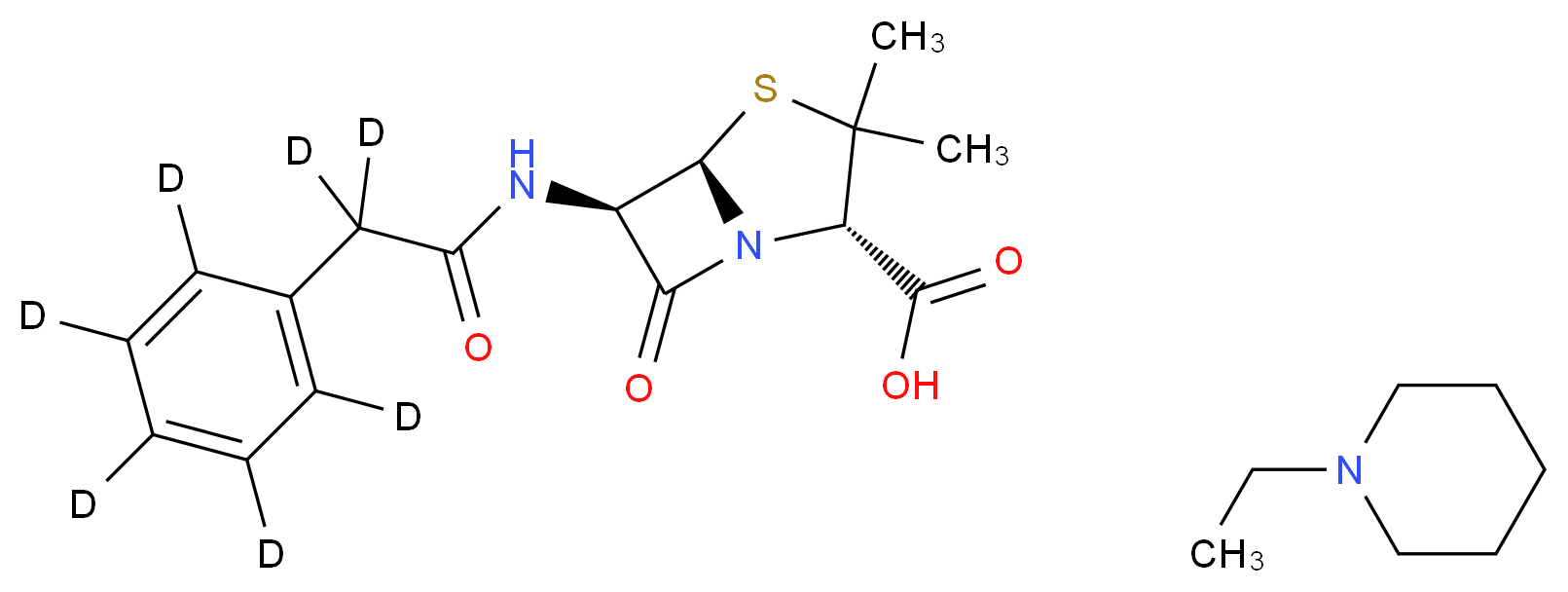 (2S,5R,6R)-3,3-dimethyl-7-oxo-6-[2-(<sup>2</sup>H<sub>5</sub>)phenyl(<sup>2</sup>H<sub>2</sub>)acetamido]-4-thia-1-azabicyclo[3.2.0]heptane-2-carboxylic acid; 1-ethylpiperidine_分子结构_CAS_1217445-37-8