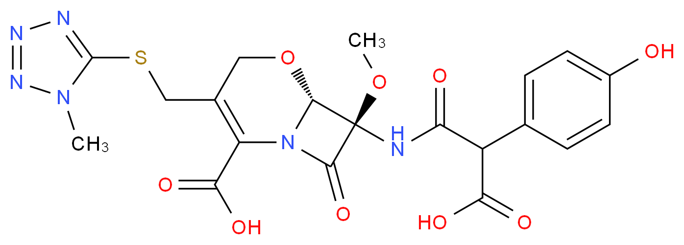 (6R,7R)-7-[2-carboxy-2-(4-hydroxyphenyl)acetamido]-7-methoxy-3-{[(1-methyl-1H-1,2,3,4-tetrazol-5-yl)sulfanyl]methyl}-8-oxo-5-oxa-1-azabicyclo[4.2.0]oct-2-ene-2-carboxylic acid_分子结构_CAS_64952-97-2