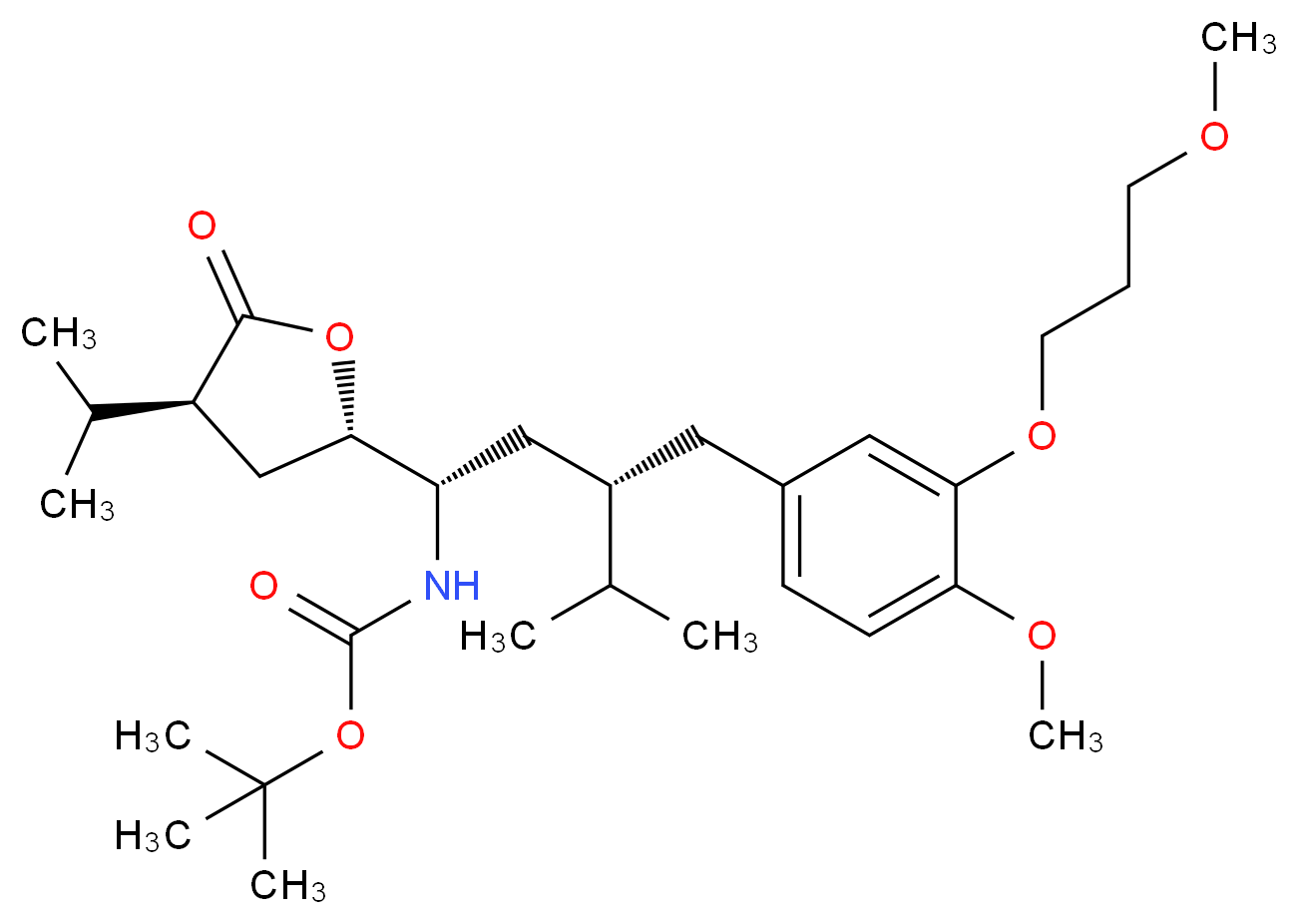 tert-butyl N-[(1S,3S)-3-{[4-methoxy-3-(3-methoxypropoxy)phenyl]methyl}-4-methyl-1-[(2S,4S)-5-oxo-4-(propan-2-yl)oxolan-2-yl]pentyl]carbamate_分子结构_CAS_866030-35-5