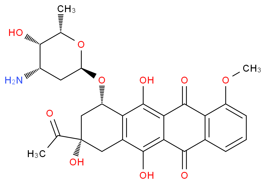 (8S,10S)-8-acetyl-10-{[(2R,4S,5S,6S)-4-amino-5-hydroxy-6-methyloxan-2-yl]oxy}-6,8,11-trihydroxy-1-methoxy-5,7,8,9,10,12-hexahydrotetracene-5,12-dione_分子结构_CAS_20830-81-3