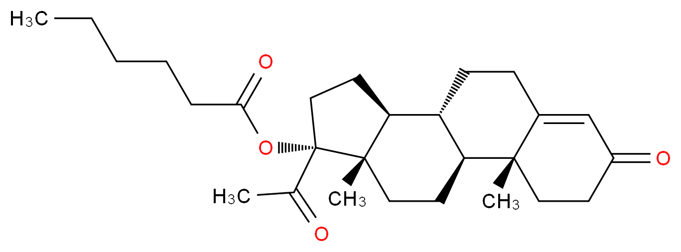 (1S,2R,10R,11S,14R,15S)-14-acetyl-2,15-dimethyl-5-oxotetracyclo[8.7.0.0<sup>2</sup>,<sup>7</sup>.0<sup>1</sup><sup>1</sup>,<sup>1</sup><sup>5</sup>]heptadec-6-en-14-yl hexanoate_分子结构_CAS_630-56-8