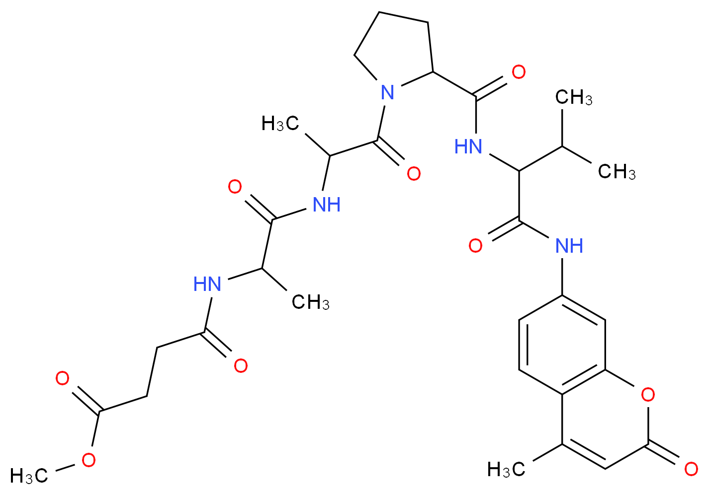 methyl 3-{[1-({1-[2-({2-methyl-1-[(4-methyl-2-oxo-2H-chromen-7-yl)carbamoyl]propyl}carbamoyl)pyrrolidin-1-yl]-1-oxopropan-2-yl}carbamoyl)ethyl]carbamoyl}propanoate_分子结构_CAS_72252-90-5