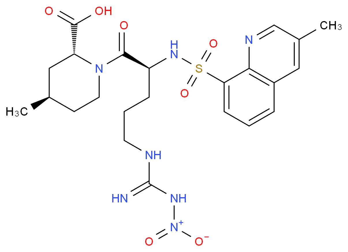 (2R,4R)-4-methyl-1-[(2S)-2-(3-methylquinoline-8-sulfonamido)-5-(1-nitrocarbamimidamido)pentanoyl]piperidine-2-carboxylic acid_分子结构_CAS_74874-10-5