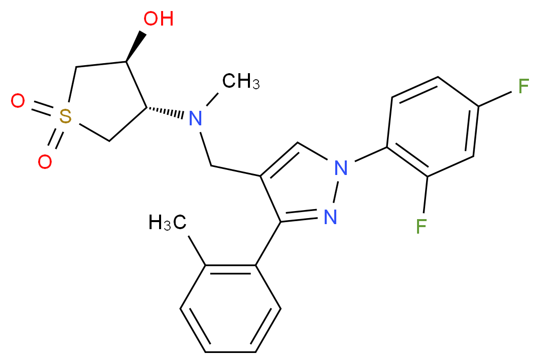 (3S*,4S*)-4-[{[1-(2,4-difluorophenyl)-3-(2-methylphenyl)-1H-pyrazol-4-yl]methyl}(methyl)amino]tetrahydro-3-thiopheneol 1,1-dioxide_分子结构_CAS_)