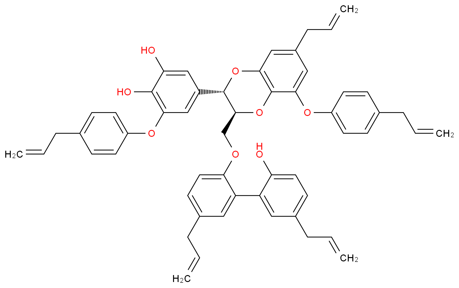 5-[(2S,3S)-3-{2-[2-hydroxy-5-(prop-2-en-1-yl)phenyl]-4-(prop-2-en-1-yl)phenoxymethyl}-7-(prop-2-en-1-yl)-5-[4-(prop-2-en-1-yl)phenoxy]-2,3-dihydro-1,4-benzodioxin-2-yl]-3-[4-(prop-2-en-1-yl)phenoxy]benzene-1,2-diol_分子结构_CAS_147663-91-0