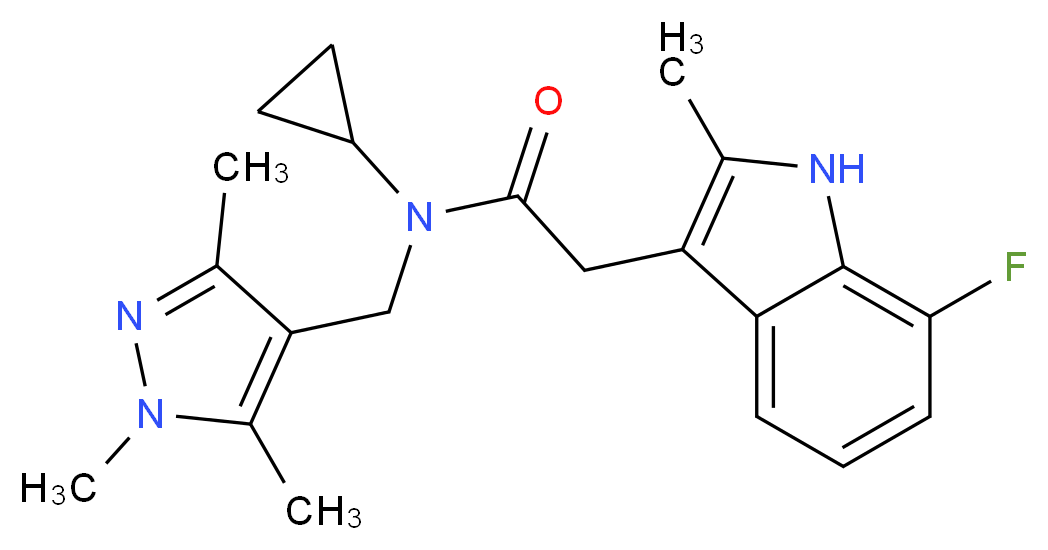 N-cyclopropyl-2-(7-fluoro-2-methyl-1H-indol-3-yl)-N-[(1,3,5-trimethyl-1H-pyrazol-4-yl)methyl]acetamide_分子结构_CAS_)