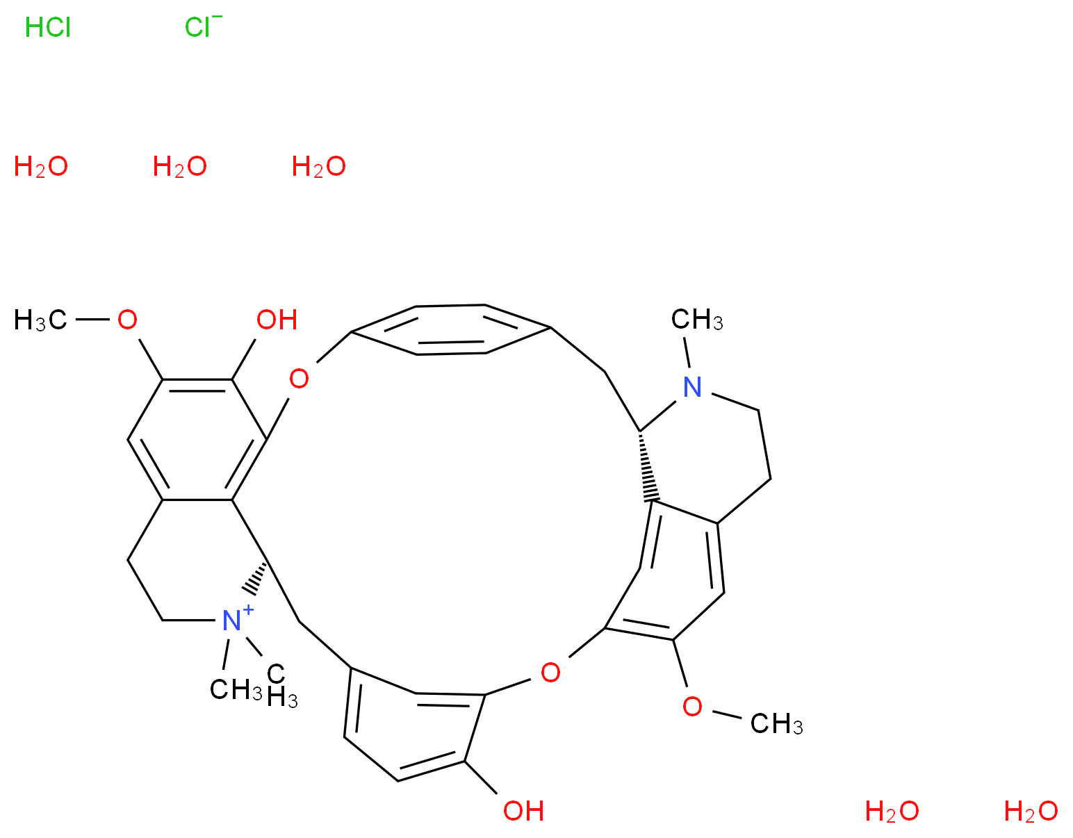(1S,16R)-9,21-dihydroxy-10,25-dimethoxy-15,15,30-trimethyl-7,23-dioxa-15,30-diazaheptacyclo[22.6.2.2<sup>3</sup>,<sup>6</sup>.1<sup>8</sup>,<sup>1</sup><sup>2</sup>.1<sup>1</sup><sup>8</sup>,<sup>2</sup><sup>2</sup>.0<sup>2</sup><sup>7</sup>,<sup>3</sup><sup>1</sup>.0<sup>1</sup><sup>6</sup>,<sup>3</sup><sup>4</sup>]hexatriaconta-3,5,8(34),9,11,18,20,22(33),24,26,31,35-dodecaen-15-ium pentahydrate chloride hydrochloride_分子结构_CAS_6989-98-6