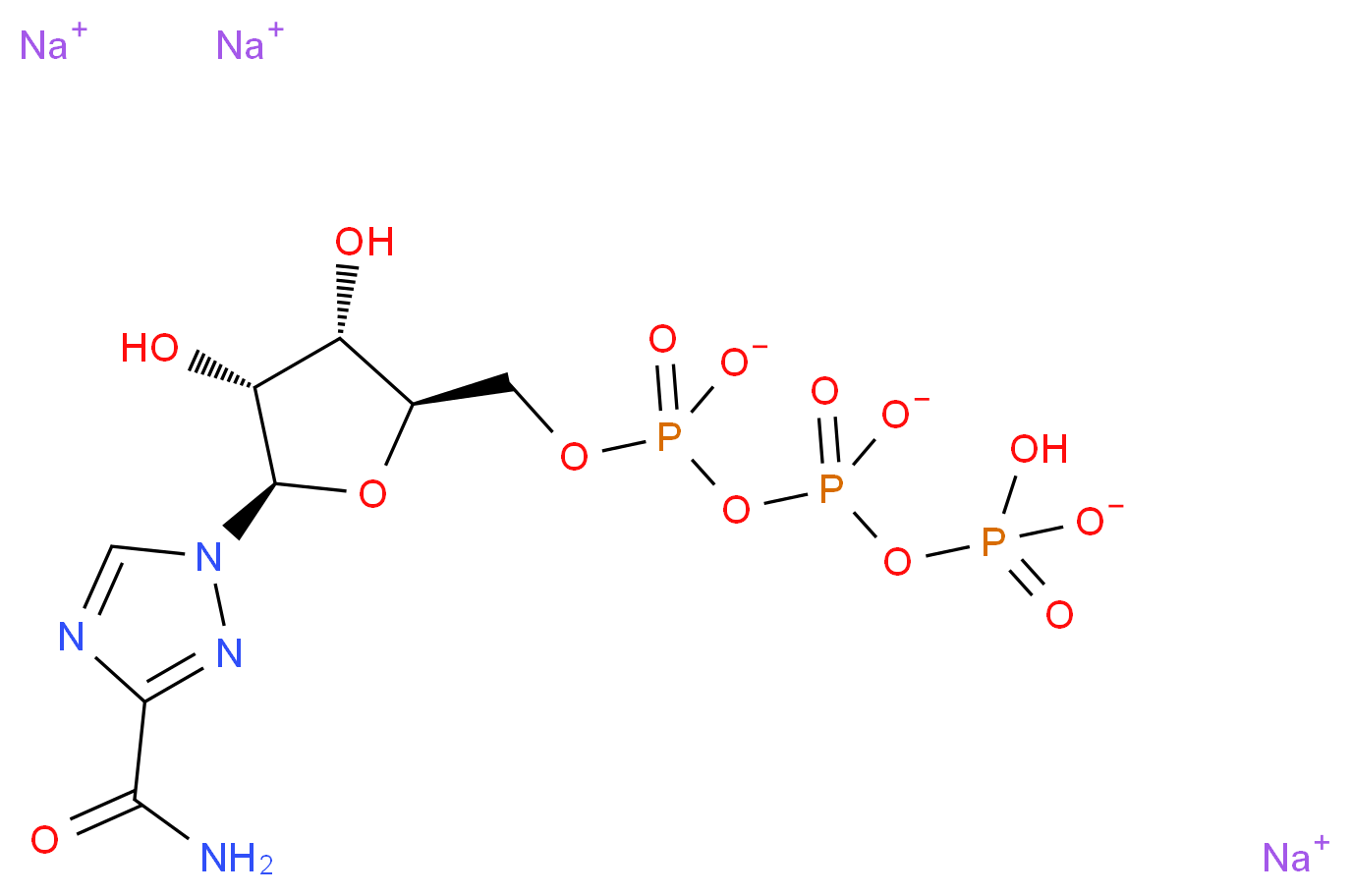 trisodium ({[(2R,3S,4R,5R)-5-(3-carbamoyl-1H-1,2,4-triazol-1-yl)-3,4-dihydroxyoxolan-2-yl]methyl phosphonato}oxy)(hydrogen phosphonatooxy)phosphinate_分子结构_CAS_63142-71-2