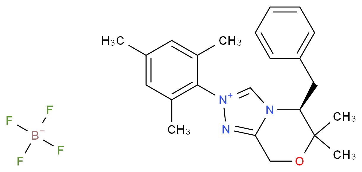 (S)-5-苄基-2-均三甲苯基-6,6-二甲基-6,8-二氢-5H-[1,2,4]三氮唑并[3,4-c][1,4]噁嗪-2-四氟硼酸鎓盐_分子结构_CAS_925706-40-7)
