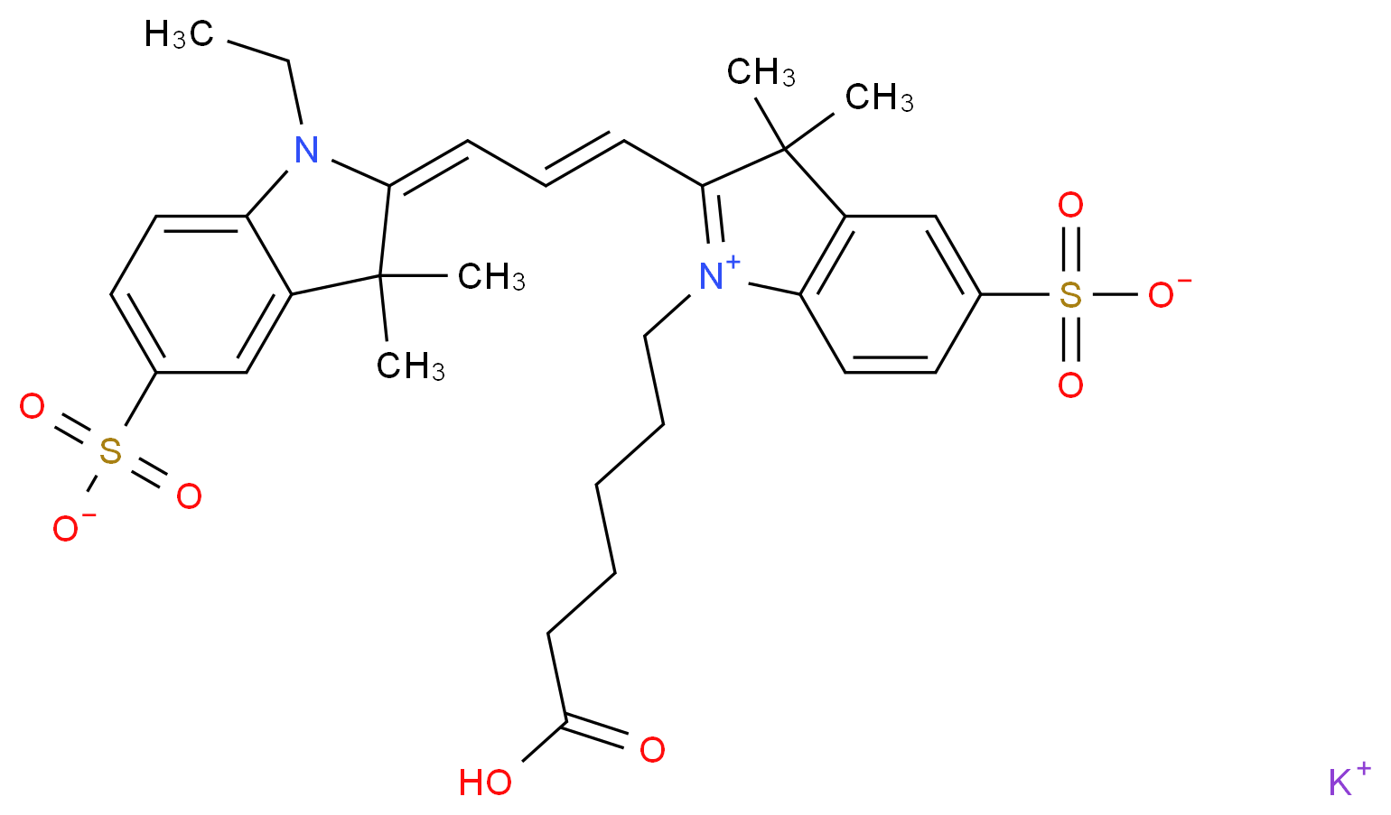 potassium 1-(5-carboxypentyl)-2-[(1E)-3-[(2E)-1-ethyl-3,3-dimethyl-5-sulfonato-2,3-dihydro-1H-indol-2-ylidene]prop-1-en-1-yl]-3,3-dimethyl-3H-indol-1-ium-5-sulfonate_分子结构_CAS_449175-57-9