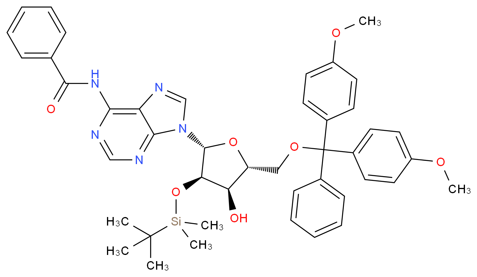 N-{9-[(2R,3R,4R,5R)-5-{[bis(4-methoxyphenyl)(phenyl)methoxy]methyl}-3-[(tert-butyldimethylsilyl)oxy]-4-hydroxyoxolan-2-yl]-9H-purin-6-yl}benzamide_分子结构_CAS_81265-93-2