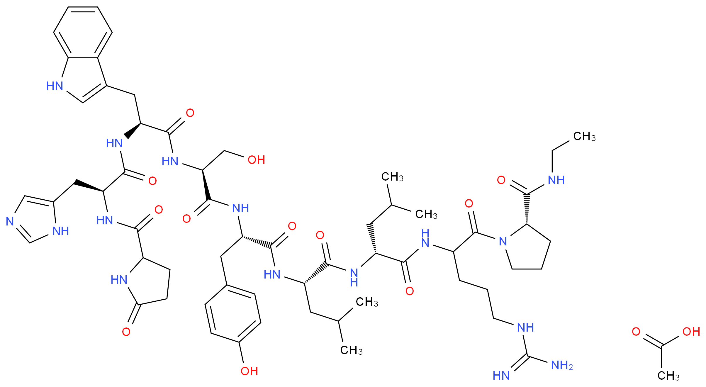 (2S)-1-{5-carbamimidamido-2-[(2R)-2-[(2S)-2-[(2S)-2-[(2S)-3-hydroxy-2-[(2S)-2-[(2S)-3-(1H-imidazol-5-yl)-2-[(5-oxopyrrolidin-2-yl)formamido]propanamido]-3-(1H-indol-3-yl)propanamido]propanamido]-3-(4-hydroxyphenyl)propanamido]-4-methylpentanamido]-4-methylpentanamido]pentanoyl}-N-ethylpyrrolidine-2-carboxamide; acetic acid_分子结构_CAS_74381-53-6