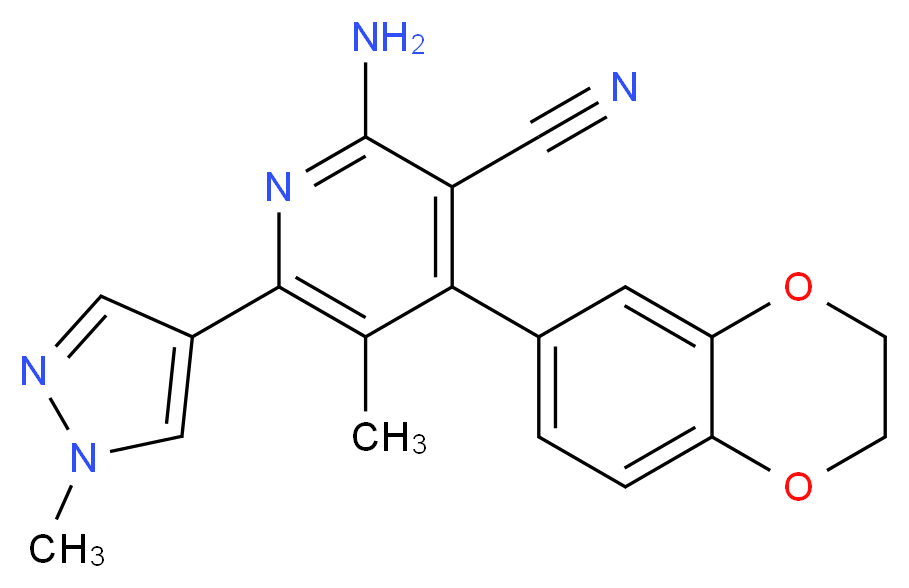 2-amino-4-(2,3-dihydro-1,4-benzodioxin-6-yl)-5-methyl-6-(1-methyl-1H-pyrazol-4-yl)nicotinonitrile_分子结构_CAS_)