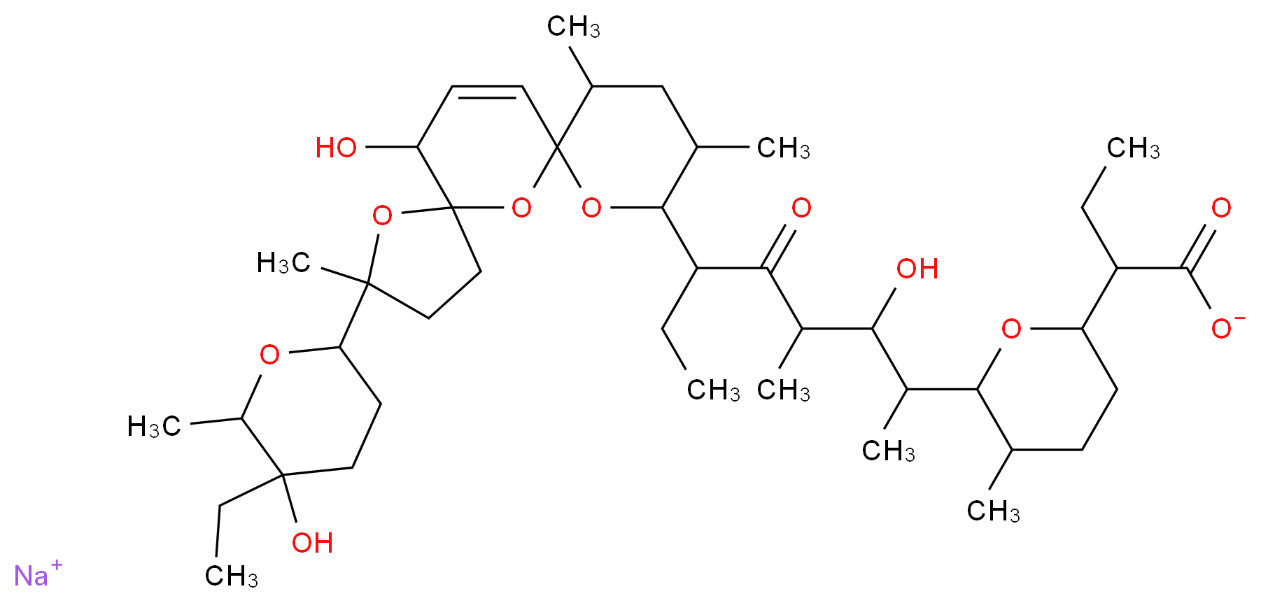 sodium 2-(6-{6-[2-(5-ethyl-5-hydroxy-6-methyloxan-2-yl)-15-hydroxy-2,10,12-trimethyl-1,6,8-trioxadispiro[4.1.5^{7}.3^{5}]pentadec-13-en-9-yl]-3-hydroxy-4-methyl-5-oxooctan-2-yl}-5-methyloxan-2-yl)butanoate_分子结构_CAS_55721-31-8