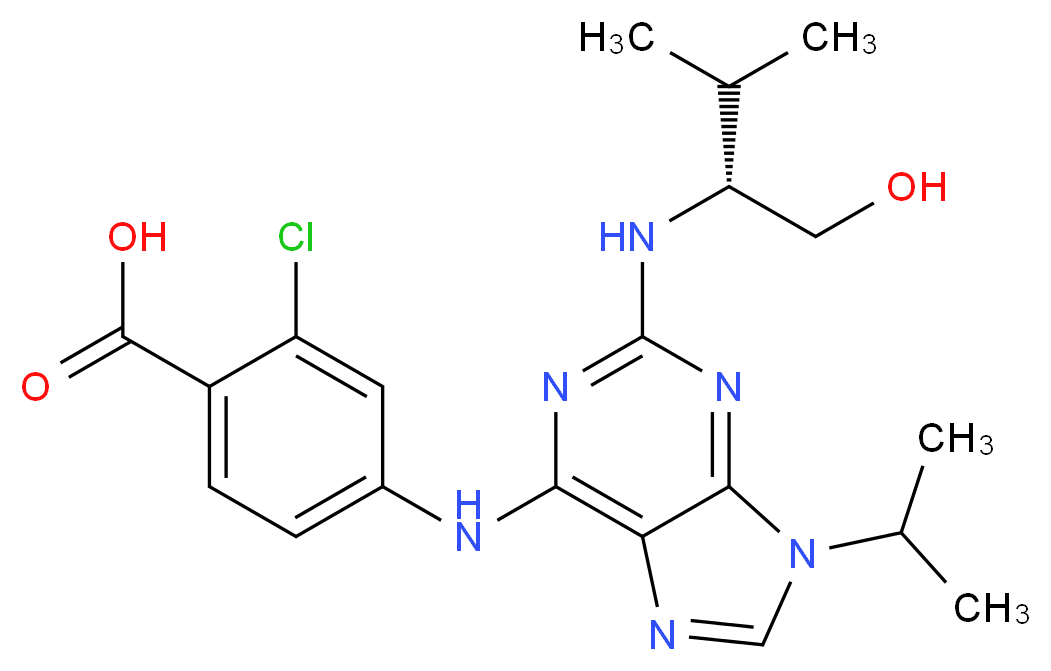 2-chloro-4-[(2-{[(2R)-1-hydroxy-3-methylbutan-2-yl]amino}-9-(propan-2-yl)-9H-purin-6-yl)amino]benzoic acid_分子结构_CAS_212844-54-7