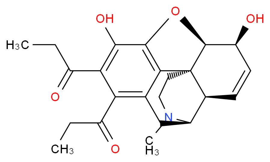 1-[(1S,5R,13R,14S,17R)-10,14-dihydroxy-4-methyl-8-propanoyl-12-oxa-4-azapentacyclo[9.6.1.0<sup>1</sup>,<sup>1</sup><sup>3</sup>.0<sup>5</sup>,<sup>1</sup><sup>7</sup>.0<sup>7</sup>,<sup>1</sup><sup>8</sup>]octadeca-7,9,11(18),15-tetraen-9-yl]propan-1-one_分子结构_CAS_10589-79-4