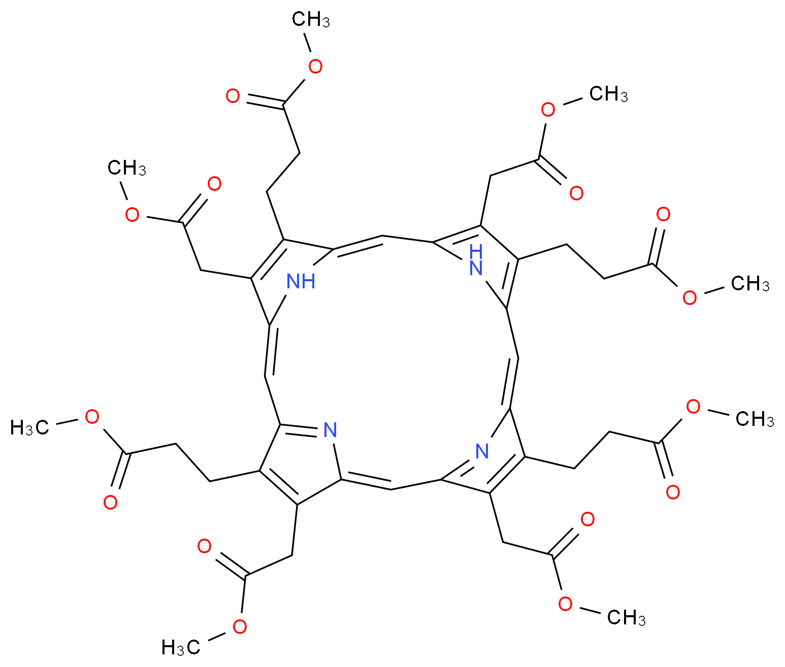 methyl 3-[5,10,14,20-tetrakis(2-methoxy-2-oxoethyl)-9,15,19-tris(3-methoxy-3-oxopropyl)-21,22,23,24-tetraazapentacyclo[16.2.1.1<sup>3</sup>,<sup>6</sup>.1<sup>8</sup>,<sup>1</sup><sup>1</sup>.1<sup>1</sup><sup>3</sup>,<sup>1</sup><sup>6</sup>]tetracosa-1(20),2,4,6,8(23),9,11,13(22),14,16,18-undecaen-4-yl]propanoate_分子结构_CAS_15435-60-6