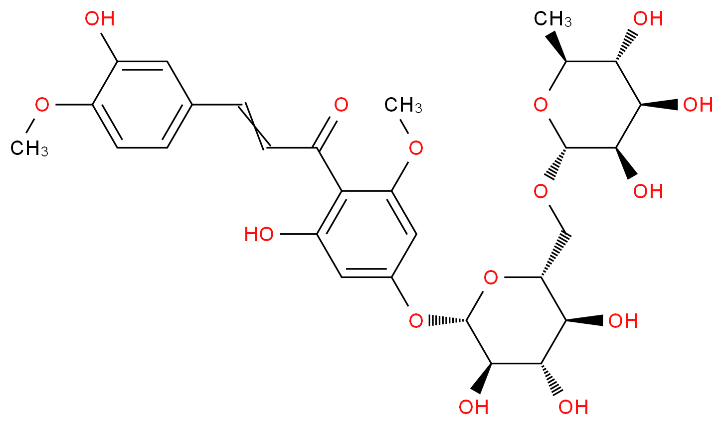 3-(3-hydroxy-4-methoxyphenyl)-1-(2-hydroxy-6-methoxy-4-{[(2S,3R,4S,5S,6R)-3,4,5-trihydroxy-6-({[(2R,3R,4R,5R,6S)-3,4,5-trihydroxy-6-methyloxan-2-yl]oxy}methyl)oxan-2-yl]oxy}phenyl)prop-2-en-1-one_分子结构_CAS_24292-52-2